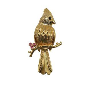 Vintage Gerry's Gold Tone Bird Brooch With Pink Rhinestones Cardinal Design